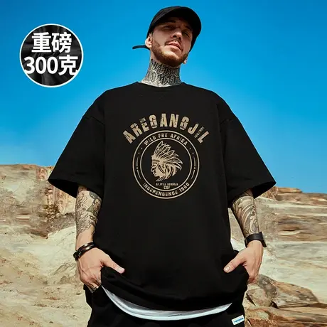 300g美式重磅短袖100%纯棉宽松大码男装港风胖子半袖体恤T恤潮流商品大图
