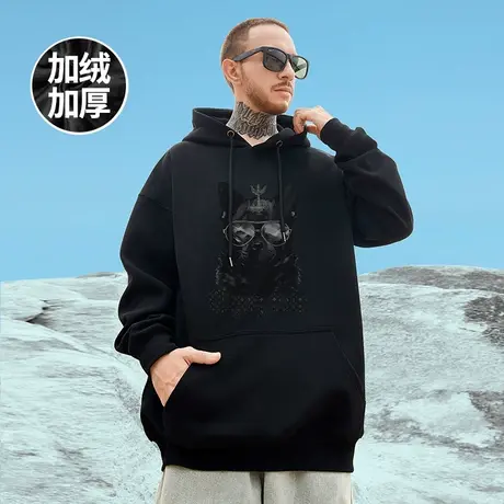 加肥加大码男装美式复古潮牌印花套头加绒加厚秋冬季黑色卫衣连帽图片