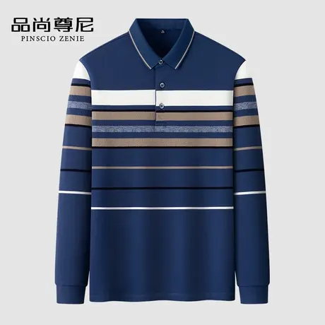 【舒适亲肤】男士秋装上衣2023新款轻商务条纹款减龄爸爸长袖T恤商品大图