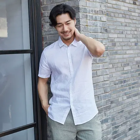 萨法瑞断码99亚麻短袖男翻领宽松男装上衣大码男士棉麻白衬衫半袖商品大图