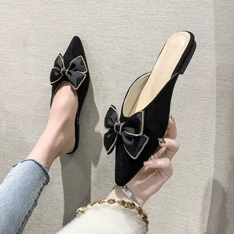 千鸟格蝴蝶结包头拖鞋女2022年春夏新款平底凉拖鞋外穿复古穆勒鞋商品大图