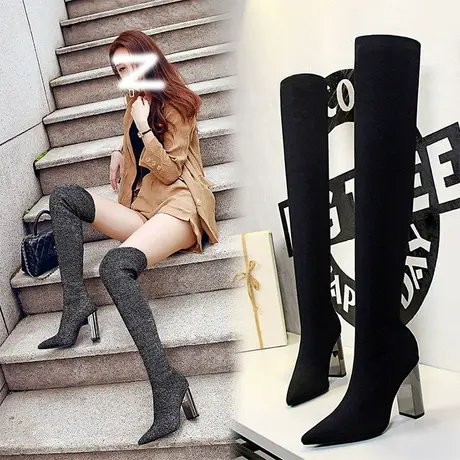 过膝长靴女2024年新款显瘦不掉筒秋冬靴子尖头粗跟小个子弹力靴子商品大图