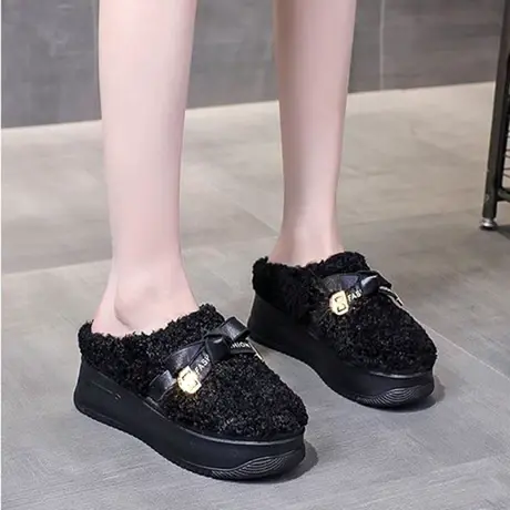 增高厚底毛毛拖鞋女外穿秋冬棉拖鞋子2023新款羊羔毛绒包头半拖鞋图片