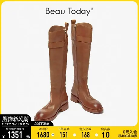 BeauToday长筒靴女新款秋季BT粗跟ins英伦风女鞋法式真皮高筒靴图片