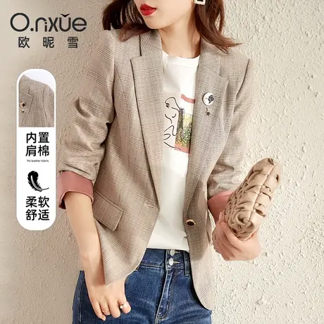 欧昵雪2023春秋新款通勤翻领千鸟格西装外套女职业ol修身长袖西服商品大图