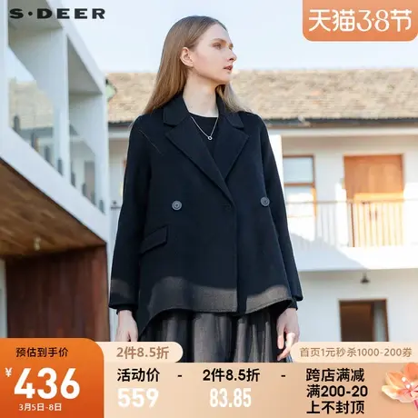 sdeer圣迪奥2021冬装新品西装领双排扣羽绒拼接毛呢大衣S21461704🏺商品大图