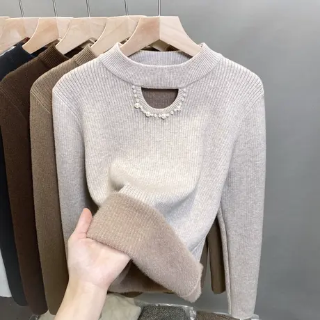 一体绒半高领毛衣女加绒厚打底衫2023秋冬新款镂空针织衫内搭上衣图片