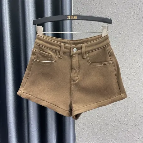 欧货韩版牛仔短裤女2023冬季新款美拉德高腰外穿打底加绒阔腿裤潮商品大图