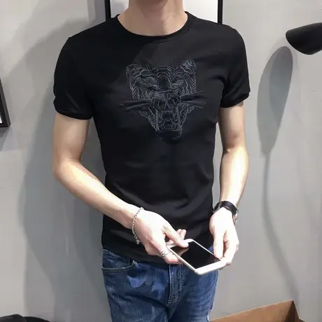 社会人小伙短袖潮牌t恤韩版修身半袖老虎头刺绣夏天衣服潮流新款商品大图