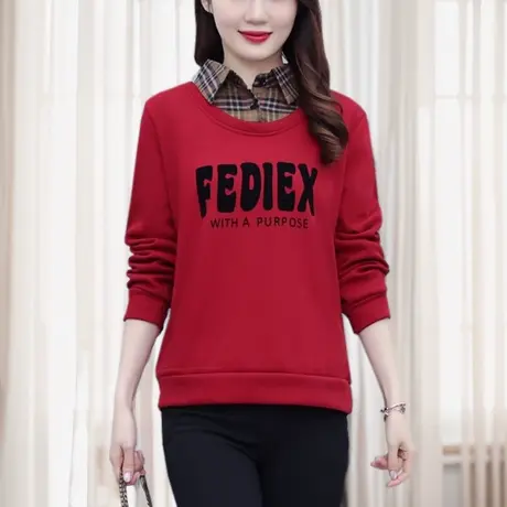 假两件加绒加厚卫衣女秋冬款保暖红色上衣中年妈妈冬季保暖穿什么图片