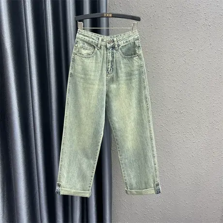 欧货磨白牛仔直筒裤女24春季新款卷边高腰宽松显瘦百搭垂感阔腿裤图片