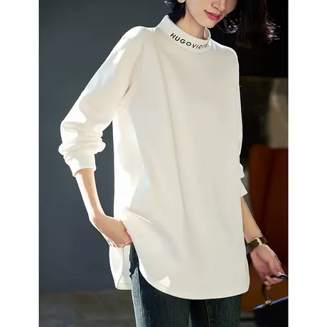 宝诗黎半高领字母刺绣棉质加绒T恤女长袖宽松打底上衣2024早春装商品大图