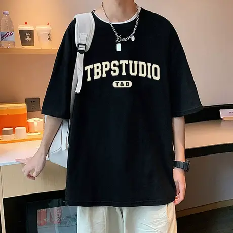 夏季美式复古短袖T恤男潮牌ins港风宽松2023新款重磅打底半袖衣服商品大图