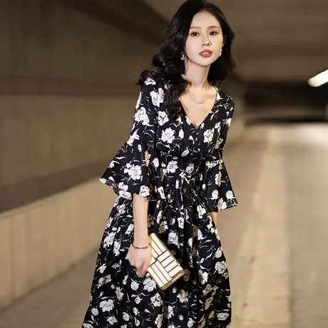 小晚礼服连衣裙女2024新款春秋长袖黑色优雅轻奢气质平时可穿高级图片