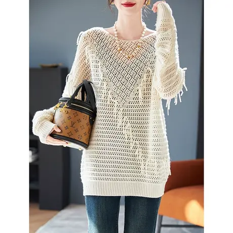 宝诗黎圆领慵懒镂空羊毛衫2024春季简约宽松新款百搭纯色针织上衣图片