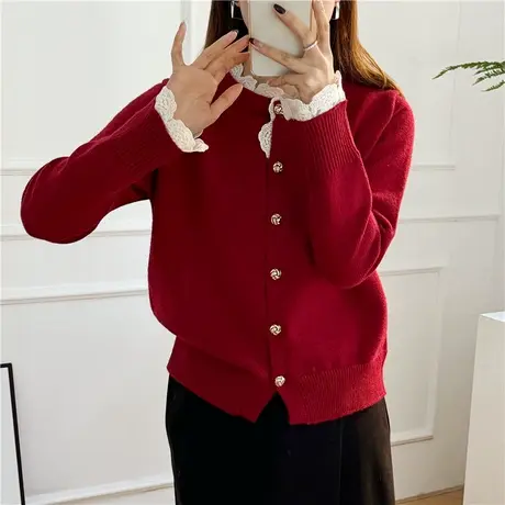 蕾丝长袖针织衫洋气显瘦开衫2024新款减龄毛衣女外套春装女上衣商品大图