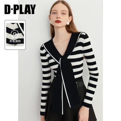 DPLAY德帕拉秋装新款学院风海军领黑白条纹色针织衫上衣图片