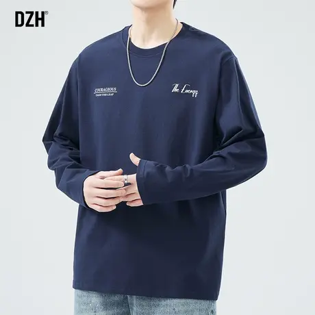 男士藏青色纯棉长袖t恤男圆领春季打底衫百搭上衣2024新款体恤衫图片