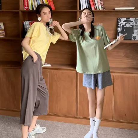 全棉家居服女夏季睡衣套装短袖短裤长裤可出门外穿圆领撞色两件套商品大图