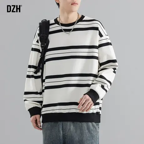 男士圆领条纹卫衣男春秋美式重磅宽松上衣情侣装早春痞帅外套男款商品大图