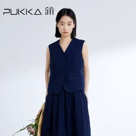 蒲PUKKA 文艺女装2024春夏新品亚麻印花V领显瘦无袖马甲背心图片