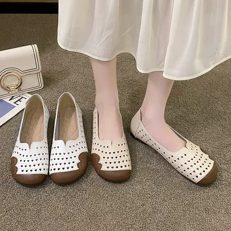 女鞋2023夏季新款百搭豆豆鞋软底平底单鞋女士妈妈鞋镂空洞洞凉鞋商品大图