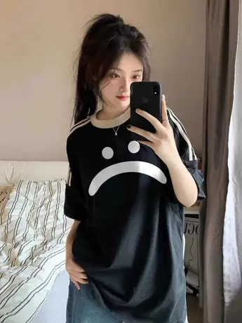 美式复古三条杠插肩短袖t恤女夏季纯棉宽松韩系设计感小众上衣服图片