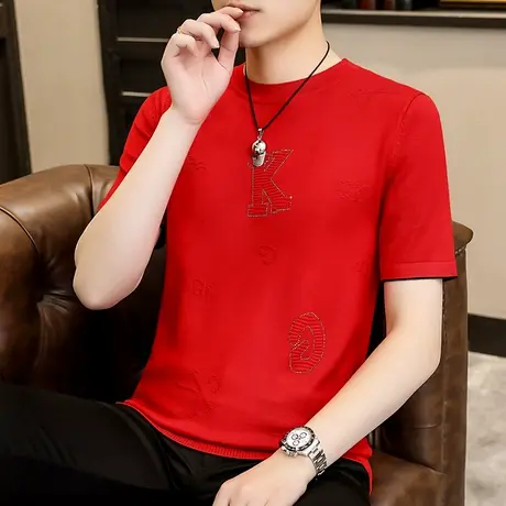 春夏季2023新款针织短袖男士潮流烫钻内搭打底衫韩版修身薄款t恤商品大图