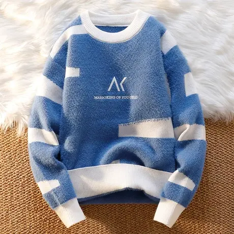 青少年水貂绒毛衣男孩子潮流加厚秋冬装初高中学生圆领打底针织衫图片