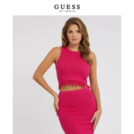 GUESS23新秋女纯色修身设计感流苏镂空无袖针织上衣-W3YR03Z36D2图片