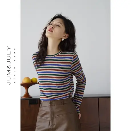 嘉茱莉2023秋季新款圆领条纹撞色长袖T恤女内搭薄款打底衫小众图片