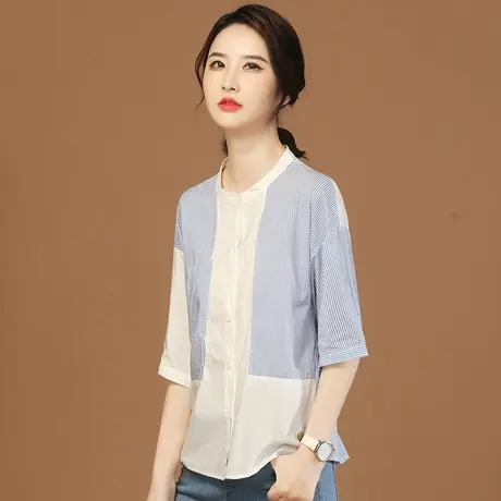 韩潮袭人气质立领条纹五分袖衬衣2023夏季新款女士衬衫设计感小众商品大图