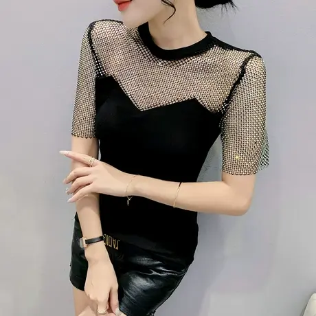 性感镂空短袖T恤女网红重工烫钻上衣夏季名媛气质修身洋气小衫ins商品大图