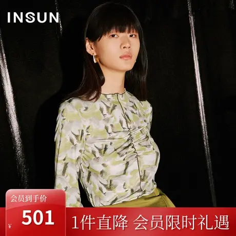 [褶皱艺术]恩裳COVER2023秋季新款小立领前中拷密边抽褶弹力针织商品大图