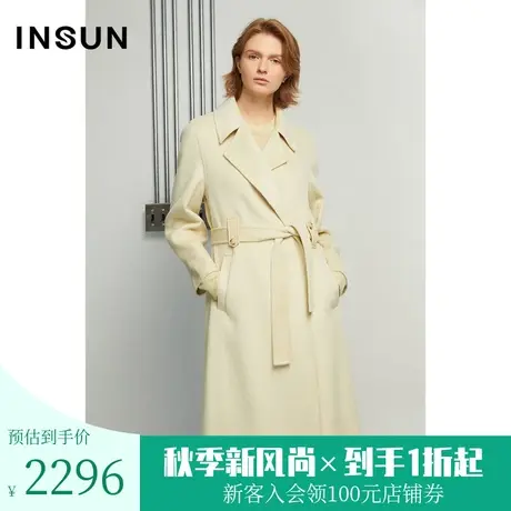 恩裳冬季简约时尚浅色调腰带束腰修身大翻领毛呢外套大衣商品大图