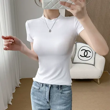 罗纹莫代尔小高领短袖t恤女白色显瘦气质小众外穿体恤春夏百搭潮商品大图