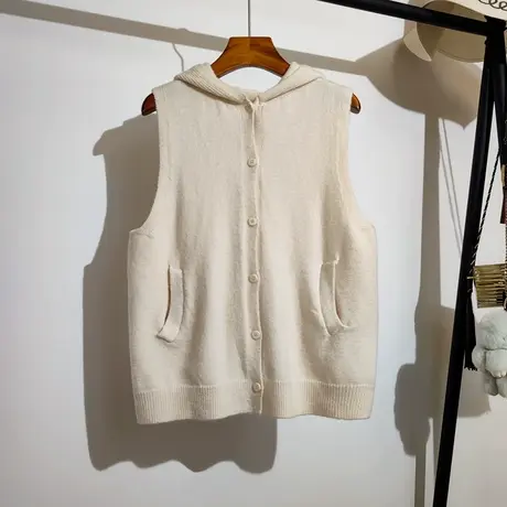 连帽针织马甲开衫春秋新款韩版口袋无袖毛衣坎肩女士毛衣背心外套商品大图