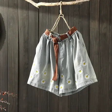 枫谜2020年夏季新款文艺简约刺绣小雏菊牛仔短裤女宽松牛仔阔腿裤图片