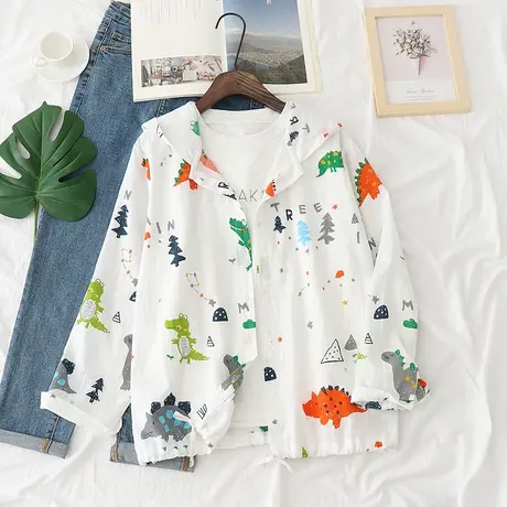 森系上衣夏装童趣恐龙印花连帽薄款外套学生少女防晒衣百搭空调衫图片
