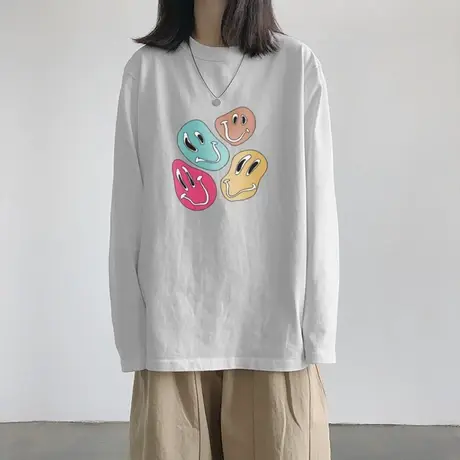 美式复古长袖t恤女2021新款初秋宽松韩版设计感小众纯棉上衣服潮商品大图