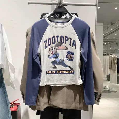 长袖t恤女2021秋季新款韩版ins卡通印花宽松插肩袖百搭打底衫上衣商品大图