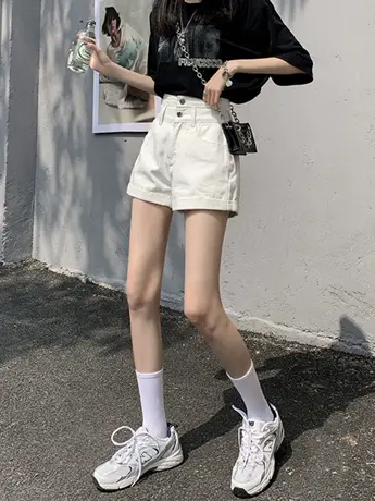 清仓捡漏2023新款夏季白色牛仔短裤女高腰宽松a字薄款显瘦百搭潮商品大图