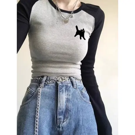 撞色拼接长袖上衣T恤女2023秋季新款修身显瘦洋气减龄打底小衫潮商品大图