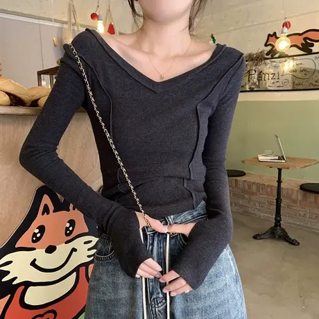 v领设计感打底衫女2023新款春秋季韩版修身内搭长袖t恤早春上衣服图片