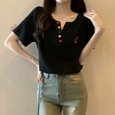 V领正肩短袖t恤女夏季小众设计感大码胖mm遮肉宽松显瘦半袖上衣潮图片