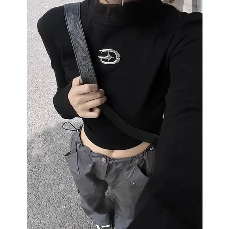 纯欲辣妹风长袖t恤女秋季内搭打底衫美式修身显瘦紧身正肩上衣ins图片