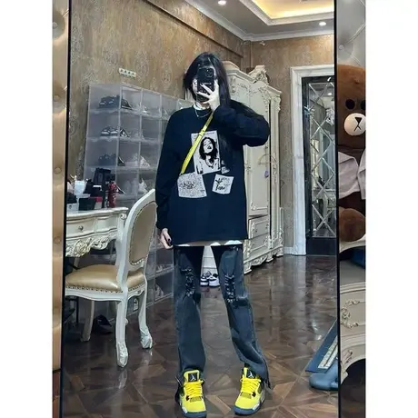 设计感vintage卫衣女ins潮牌春秋季薄款宽松美式复古欧美高街外套图片