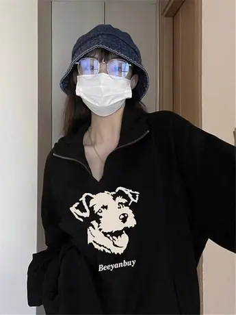 半拉链翻领卫衣女2023新款春秋薄款美式复古宽松oversize外套上衣图片