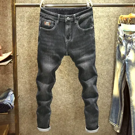 春秋款黑色牛仔裤男修身潮流百搭小脚裤潮牌水洗时尚刺绣厚款裤子商品大图