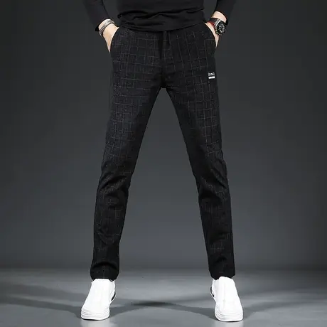 秋冬季灯芯绒裤子男休闲裤修身小脚黑色格子潮流百搭男装裤子青年商品大图